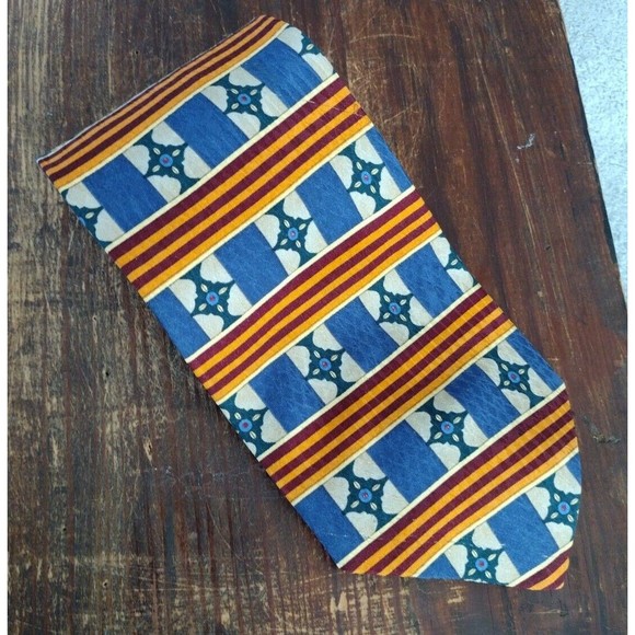 100% Silk Necktie Made USA Blue Cream Orange Red Geometric Stripe XMI Me… - Picture 6 of 11